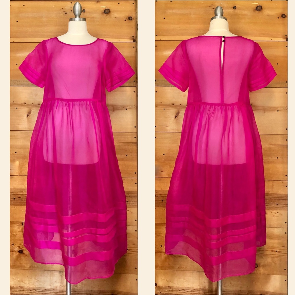Magenta hot pink Mimi sheer babydoll dress short sleeve decora  colorblock
